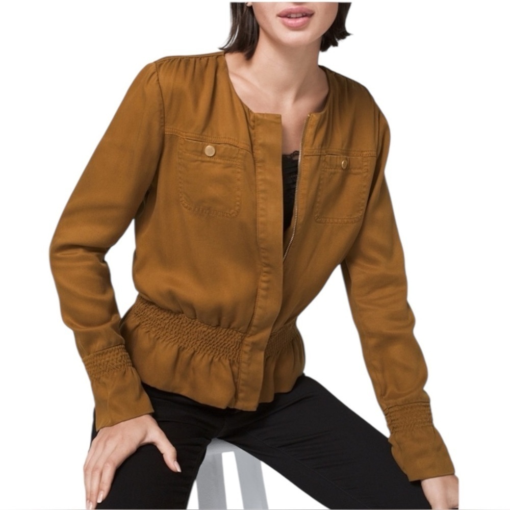 White House Black Market Modern casual peplum full-zip Smocked chic Soft Jacket